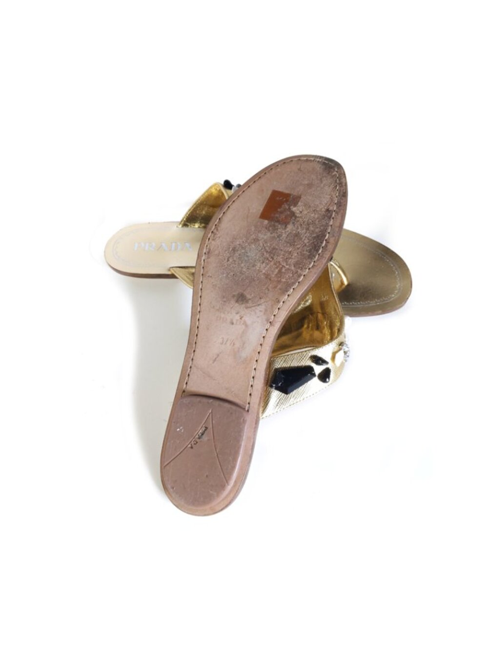 Prada Flat Leather Thong Sandals in Gold with Rhinestones Womens Size 7 - Picture 12 of 14